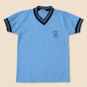 Remera celeste escote en V - Uniforme Colegio Emaús.